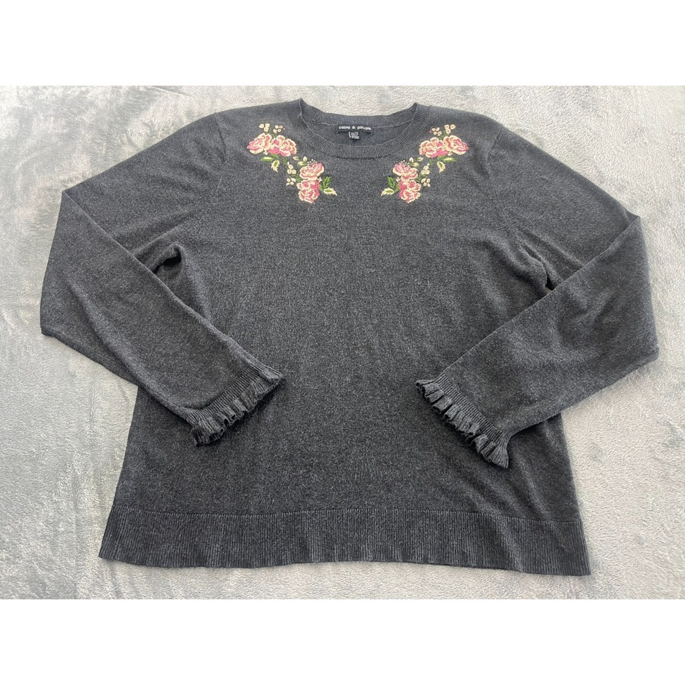 Cable & Gauge Embroidered Pink Floral Ruffle Dark Gray Sweater Womens XL